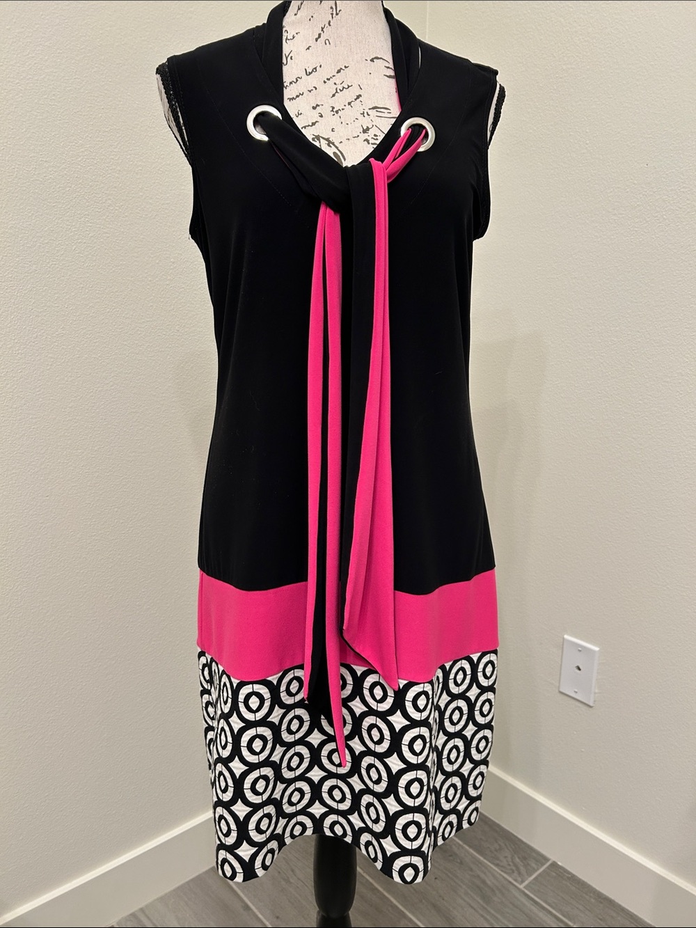 Joseph Ribkoff Black Sleeveless Dress with Hot Pink Tie Detail